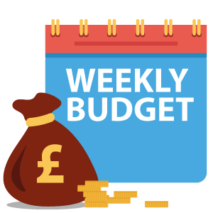 An illustration of a weekly budget planner and a bag of money with piles of coins outside it