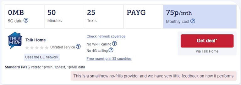 screenshot showing a pay as you go product in Cheap Mobile Finder
