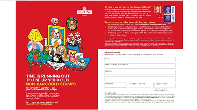 The Royal Mail leaflet, featuring the heading, 'Time is running out to use up your old non-barcoded stamps', which also includes a Swap Out form.