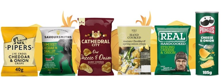 An image of the other highly-rated cheese ‘n’ onion crisps. They are: Pipers, Savoursmiths, Cathedral City, M&S Mature Cheddar & Spring Onion, Real Handcooked and Pringles.