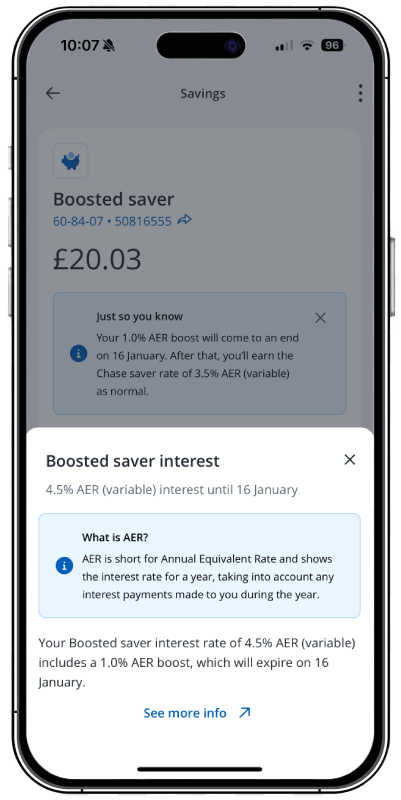 Screenshot of Chase app on iOS showing a boosted saver account paying 4.5% AER with a 1% AER boost ending on 16 January 2025
